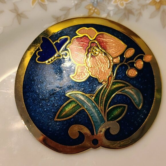 Vtg Cloisonne Enameled Round Floral Butterfly Brooch And Earring Set Navy - Picture 4 of 6